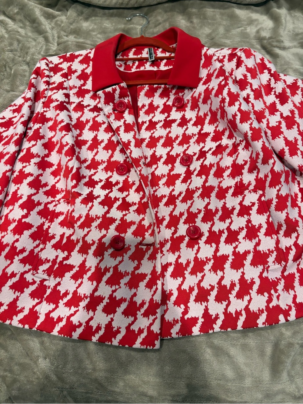 Mary Kay Red and White Houndstooth Double-Breasted Blazer